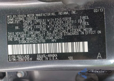 2013 Toyota Highlander Limited V6 z USA, uszkodzony, nr VIN 5TDDK3EH4DS216786